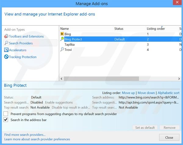 Eliminar BingProtect del motor de búsqueda por defecto de Internet Explorer