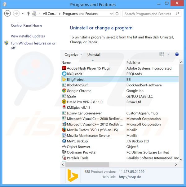 desinstalar el secuestrador de navegadores BingProtect desde el Panel de control