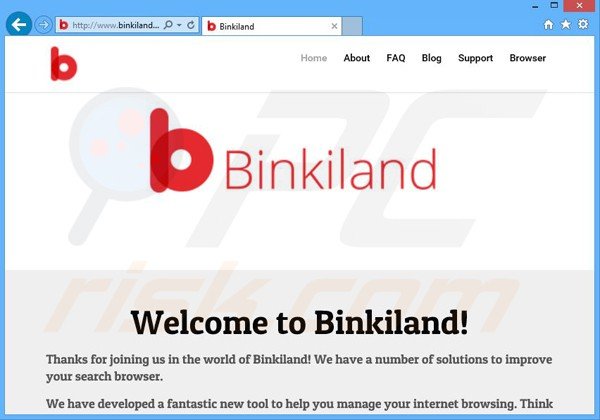 sitio web que promociona el secuestrador de navegadores binkiland.com