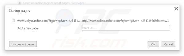 Eliminando luckysearches.com de la página de inicio de Google Chrome