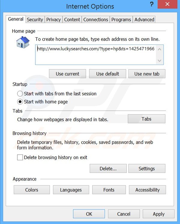 Eliminando luckysearches.com de la página de inicio de Internet Explorer