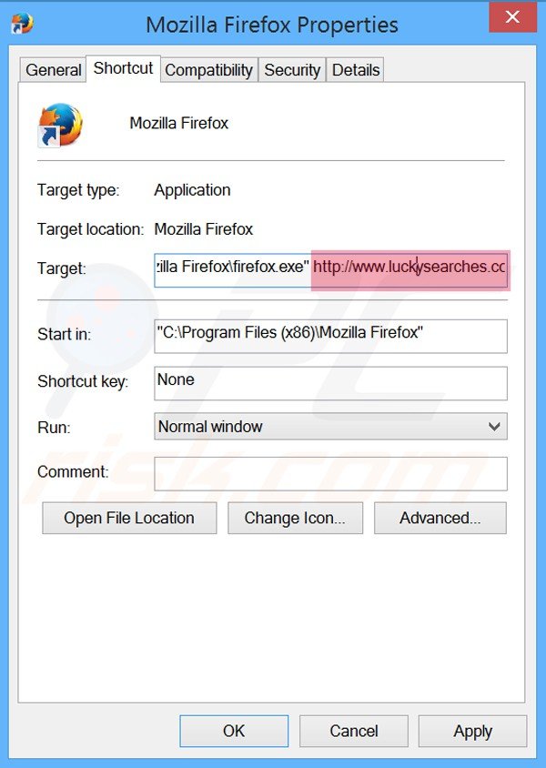 Eliminar luckysearches.com del destino del acceso directo de Mozilla Firefox paso 2