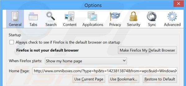 Eliminando omniboxes.com de la página de inicio de Mozilla Firefox
