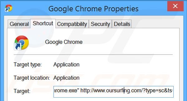Eliminar oursurfing.com del destino del acceso directo de Google Chrome paso 2