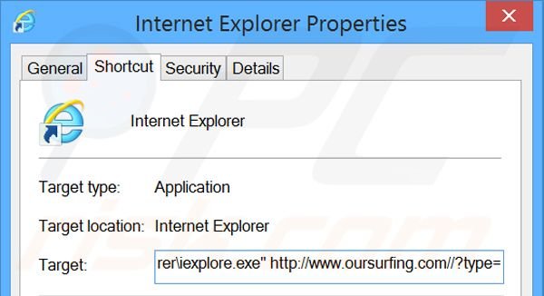 Eliminar oursurfing.com del destino del acceso directo de Internet Explorer paso 2