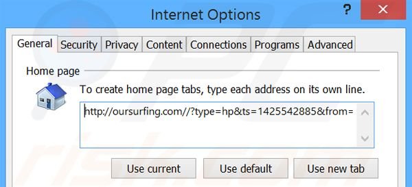 Eliminando oursurfing.com de la página de inicio de Internet Explorer