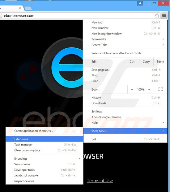 Eliminando los complementos relacionados con ebon browser de Google Chrome paso 1