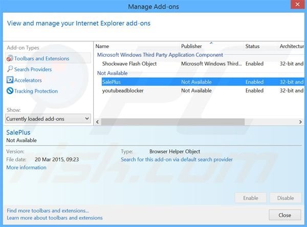 Eliminando los anuncios de SalePlus de Internet Explorer paso 2