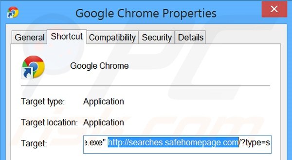 Eliminar searches.safehomepage.com del destino del acceso directo de Google Chrome paso 2