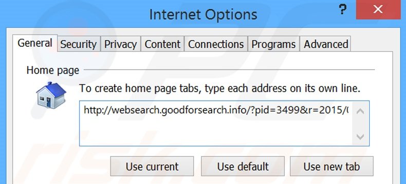 Eliminando websearch.goodforsearch.info de la página de inicio de Internet Explorer