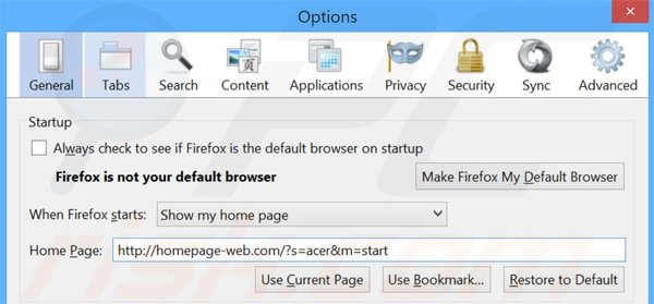 Eliminando homepage-web.com de la página de inicio de Mozilla Firefox