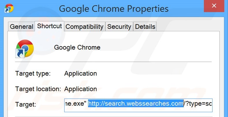 Eliminar search.webssearches.com del destino del acceso directo de Google Chrome paso 2