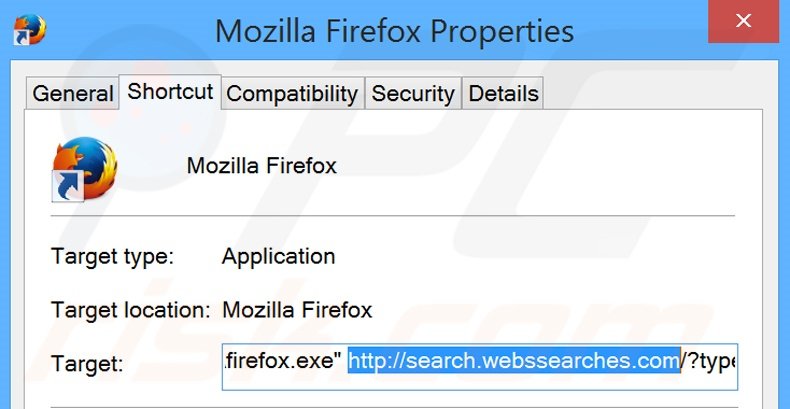 Eliminar search.webssearches.com del destino del acceso directo de Mozilla Firefox paso 2