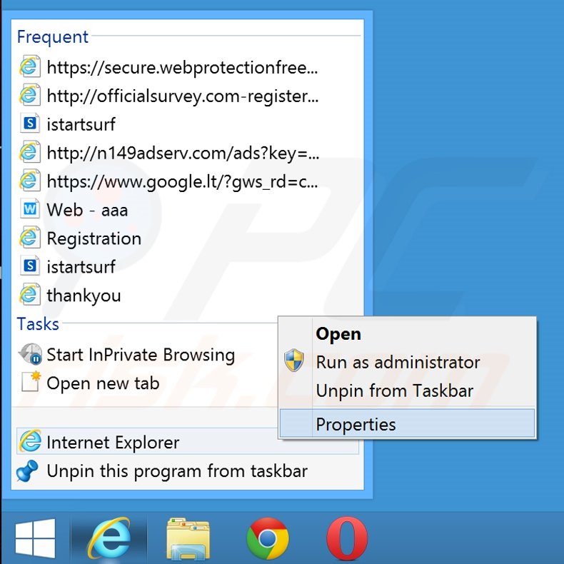 Eliminar search.webssearches.com del destino del acceso directo de Internet Explorer paso 1