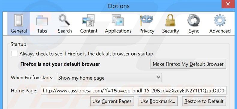 Eliminando cassiopesa.com de la página de inicio de Mozilla Firefox
