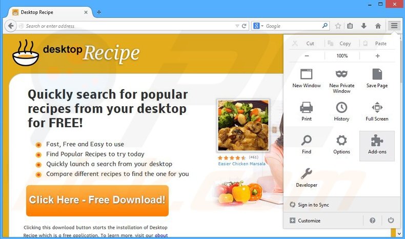 Eliminando los anuncios de Desktop Recipe de Mozilla Firefox paso 1