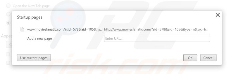 Eliminando moviesfanatic.com de la página de inicio de Google Chrome