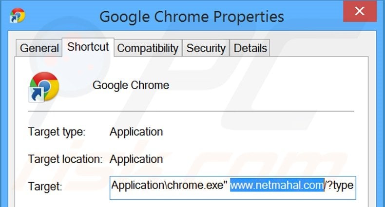Eliminar netmahal.com del destino del acceso directo de Google Chrome paso 2