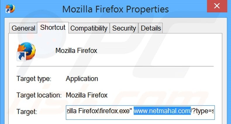 Eliminar netmahal.com del destino del acceso directo de Mozilla Firefox paso 2