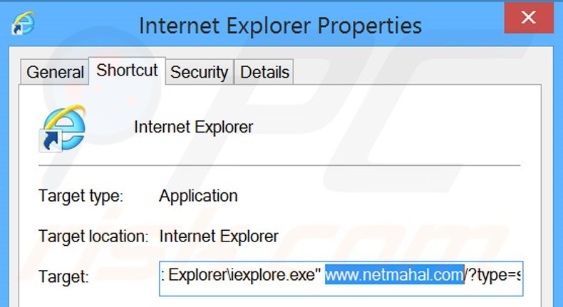 Eliminar netmahal.com del destino del acceso directo de Internet Explorer paso 2