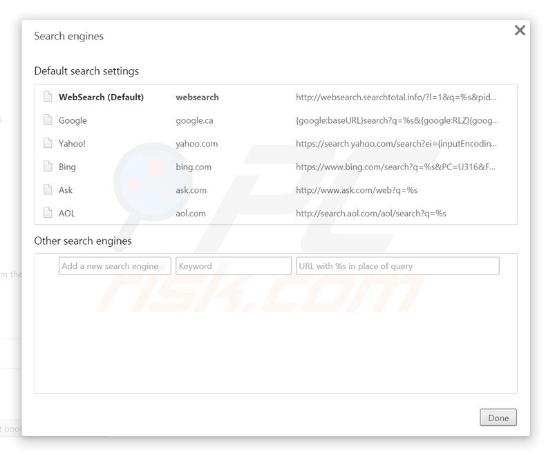 Eliminar websearch.searchtotal.info del motor de búsqueda por defecto de Google Chrome