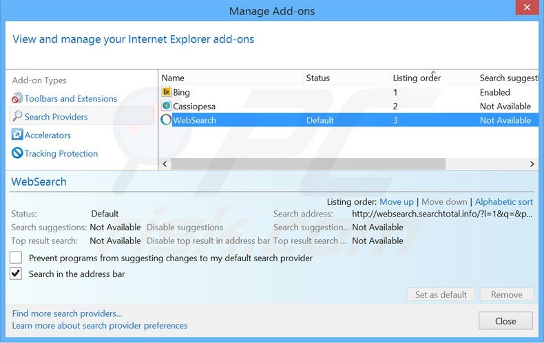 Eliminar websearch.searchtotal.info del motor de búsqueda por defecto de Internet Explorer