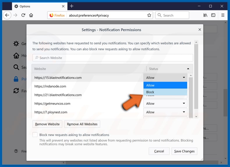 Desactivar las notificaciones emergentes en el navegador Mozilla Firefox:
