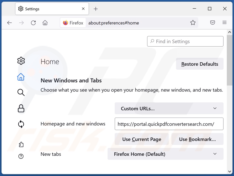 Eliminar el falso motor de búsqueda de la página de inicio de Mozilla Firefox