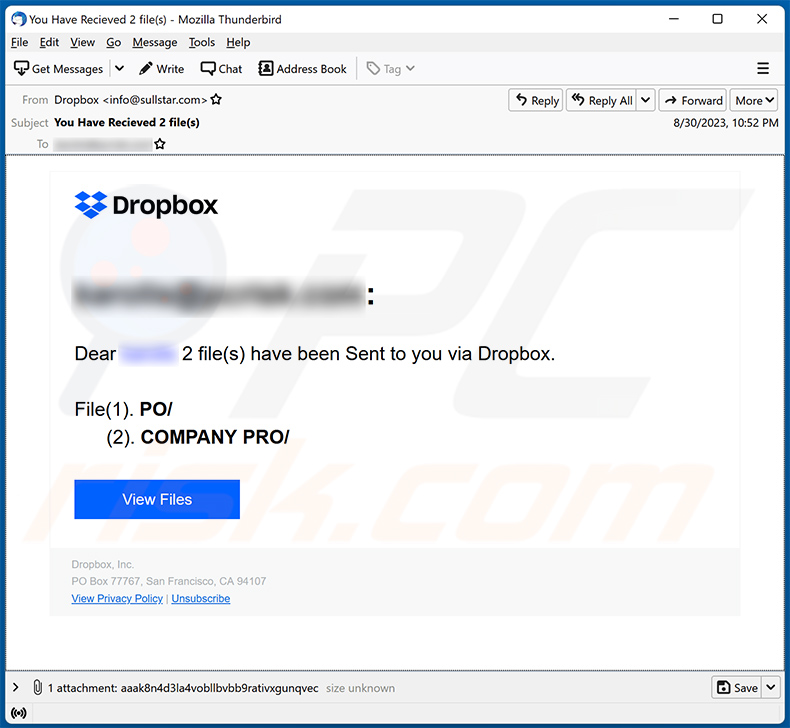 A File Was Shared With You Via Dropbox estafa por correo electrónico (2023-08-31)