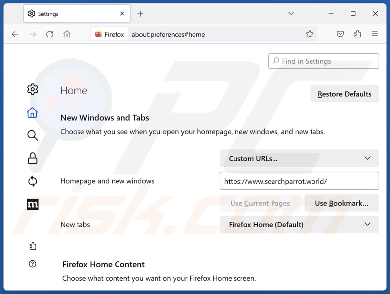 Eliminar searchparrot.world de la página de inicio de Mozilla Firefox