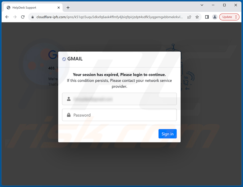 Sitio de phishing promocionado a través de la estafa 