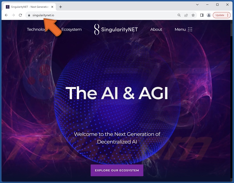 Sitio web real de SingularityNET que es imitado por su estafa homónima