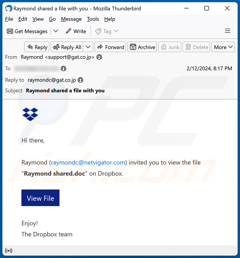 A File Was Shared With You Via Dropbox estafa por correo electrónico (2024-02-13)