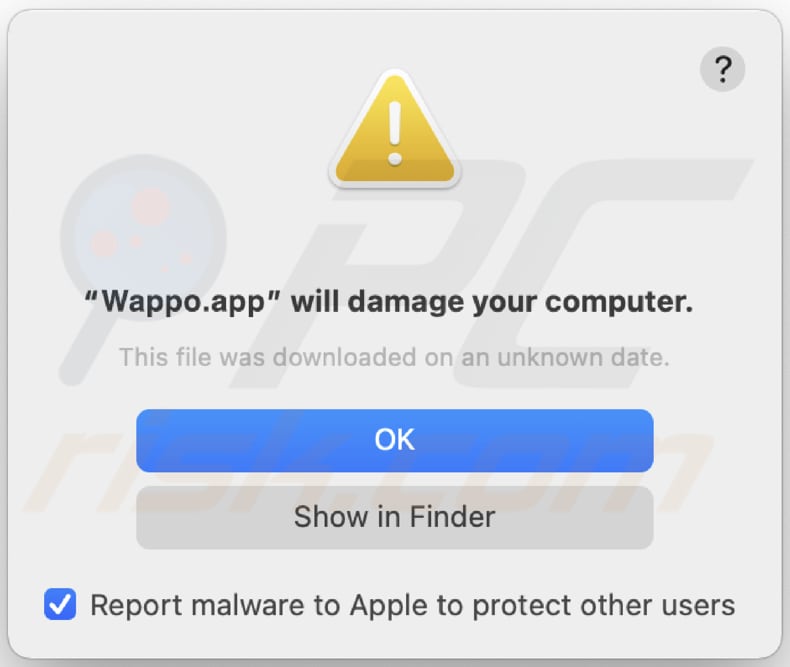 Advertencia emergente del adware Wappo.app