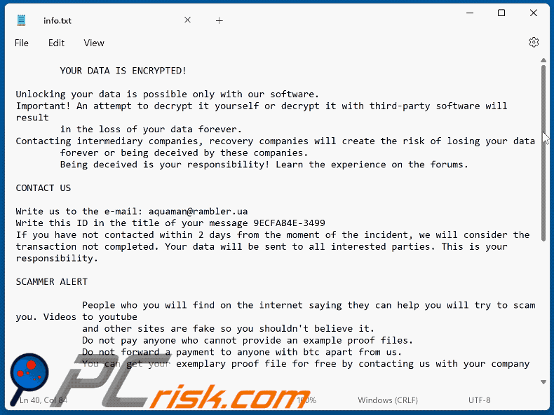 Archivo de texto del ransomware Water (info.txt)