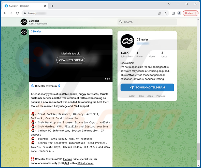 Cuenta de Telegram que promociona el malware CStealer