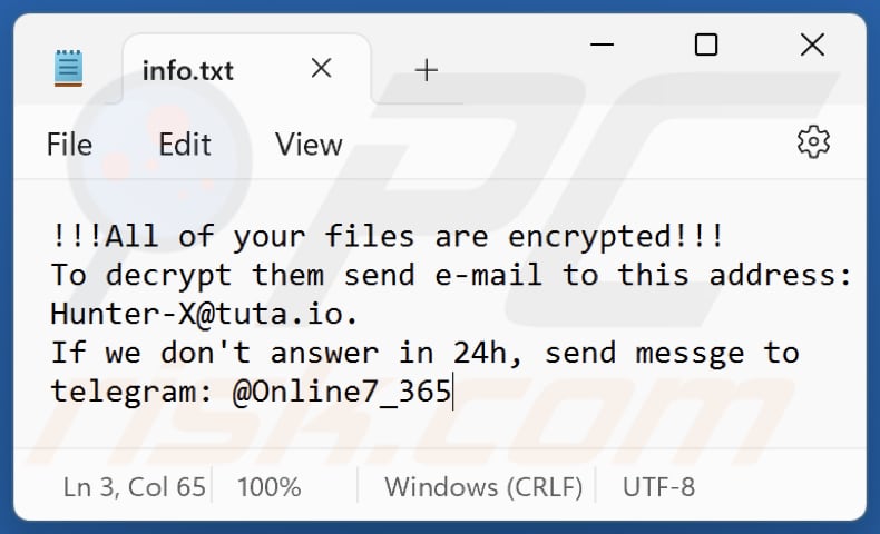 Archivo de texto del ransomware HUNTER (info.txt)