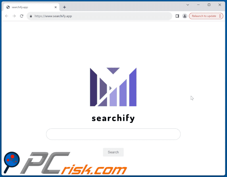 Aspecto del sitio web searchify.app promocionado por Searchify PUA redirigiendo a Bing (GIF)