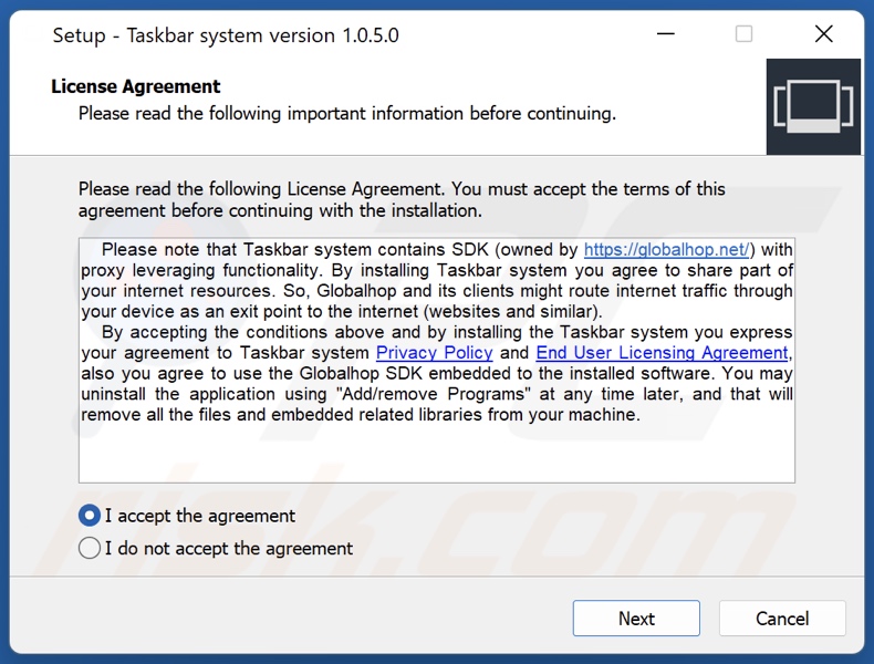 Configuración de la instalación de la PUA Taskbar system