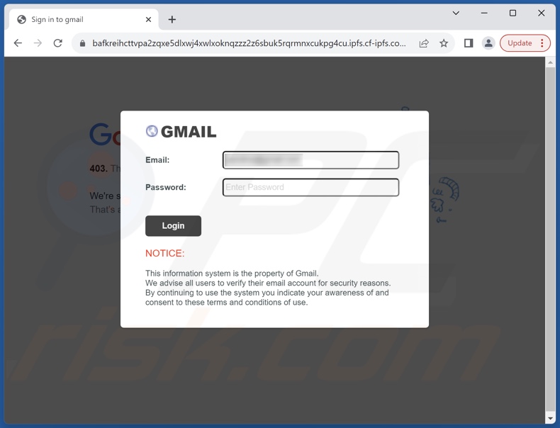 Agreement Update correo electrónico fraudulento promovido sitio de phishing