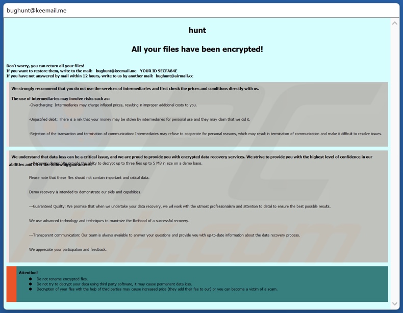 Hunt ransomware nota de rescate (pop-up)