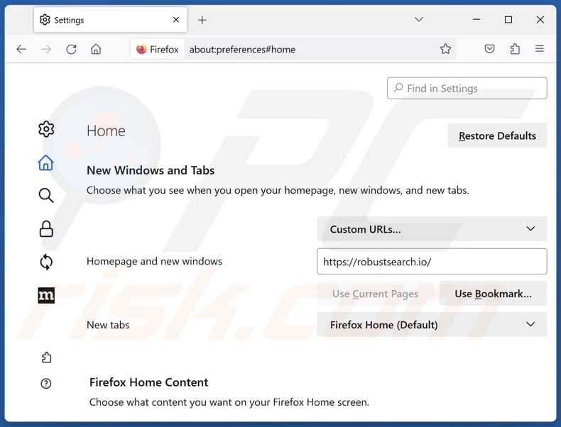 Eliminar robustsearch.io de la página de inicio de Mozilla Firefox