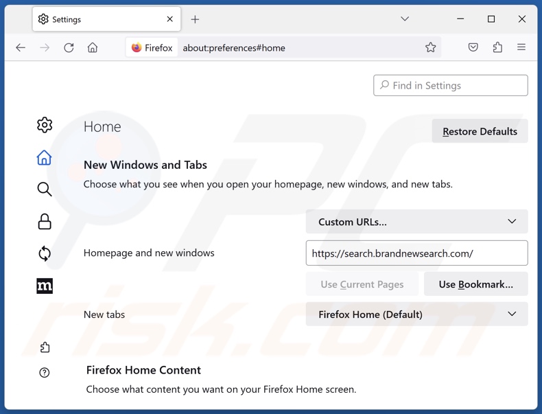 Eliminar brandnewsearch.com de la página de inicio de Mozilla Firefox