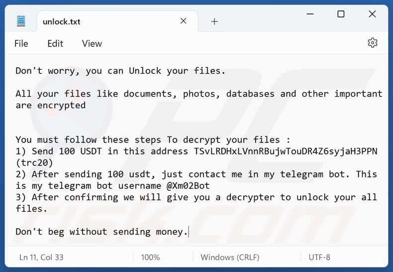Nota de rescate del ransomware Xam (unlock.txt)