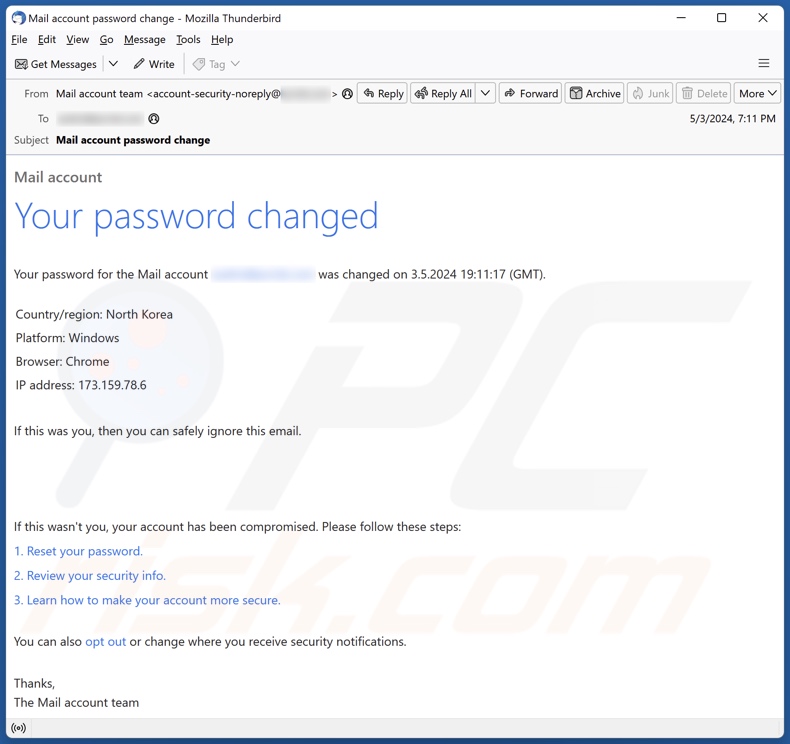 Your Password Changed campaña de spam por correo electrónico