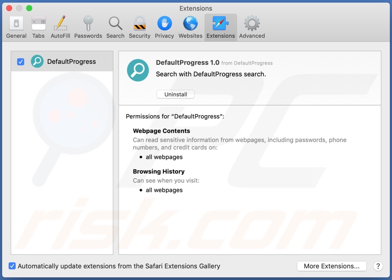 Adware DefaultProgress instalado en Safari