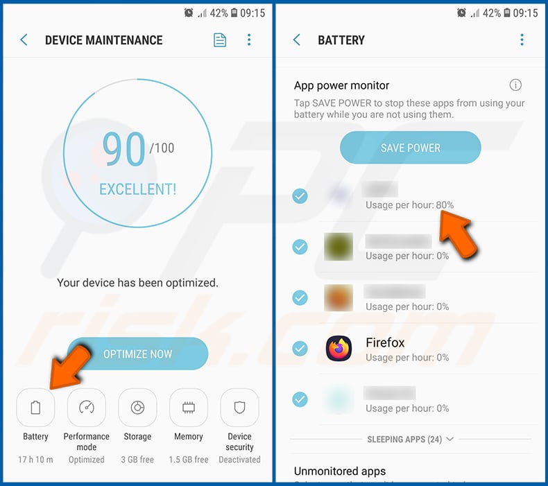 Comprobación del uso de la batería de varias aplicaciones en el sistema operativo Android (paso 2)