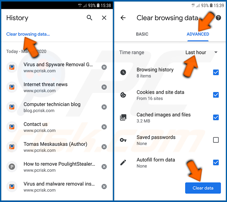 Eliminar el historial de navegación web de Chrome en el sistema operativo Android (paso 2)