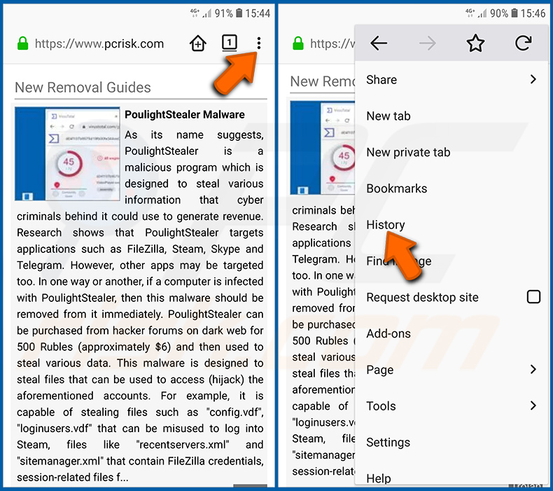 Eliminar el historial de navegación del Firefox en el sistema operativo Android (paso 1)