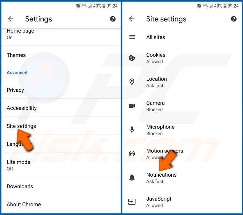 Desactivar las notificaciones del navegador en el navegador Chrome en el sistema operativo Android (paso 2)